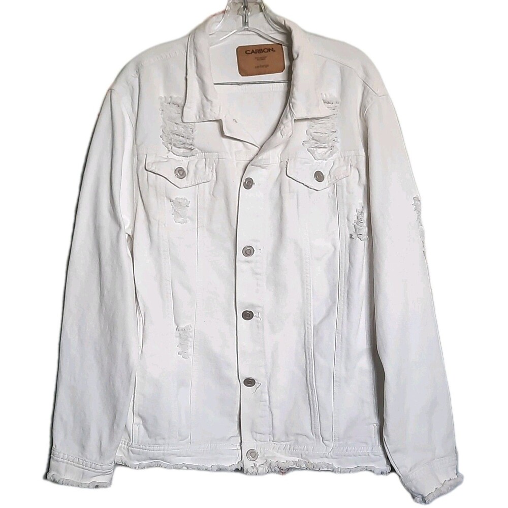 Carbon White Distressed Cotton Denim Trucker Jacket Men Size XXL  XLNT